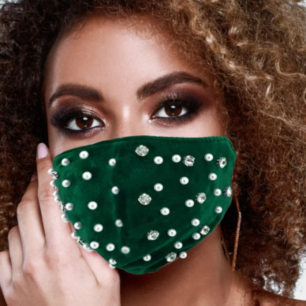 Emerald Velvet Rhinestone Face Mask Pearl Crystal Glam Mask Statement NWT